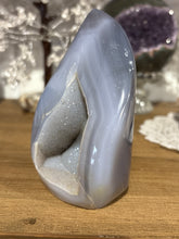 Load image into Gallery viewer, Brazilian Agate Flame – Polished Specimen with Crystal Druzy & Two-Tone Grey Banding