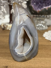 Load image into Gallery viewer, Close-up of Brazilian agate flame showing internal druzy-lined vug cavity and smokey grey color layers