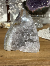 Load image into Gallery viewer, Brazilian agate flame polished specimen with dark grey crystal druzy formations 9cm height and width