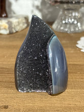 Load image into Gallery viewer, Brazilian agate flame polished specimen with dark grey banding and deep crystal druzy formations 6.5cm height