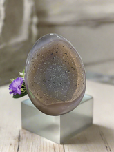 Load image into Gallery viewer, Polished agate druzy geode egg from Uruguay showing fine crystal formations, 10.5cm tall, 459g