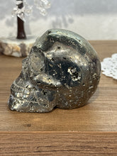 Load image into Gallery viewer, Hand-Carved Pyrite Skull from Peru – Metallic Crystal Specimen