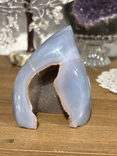 Load image into Gallery viewer, Brazilian agate flame polished specimen with crystal druzy interior and light blue banding 8.5cm height