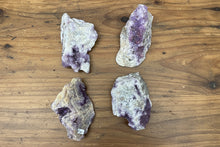 Load image into Gallery viewer, Image 1: Chunky Thunder Bay amethyst collection of 7 unique specimens with quartz and host rock, ranging 15cm to 5cm from Diamond Willow Mine
Image 2: Canadian amethyst bulk lot showing natural host rock matrix and quartz formations from Thunder Bay, Ontario
Image 3: Thunder Bay amethyst collection with chunky specimens featuring unique shapes, visible matrix, and some hematite inclusions