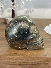 Load image into Gallery viewer, Hand-Carved Pyrite Skull from Peru – Metallic Crystal Specimen