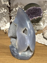 Load image into Gallery viewer, Detail view of polished Brazilian agate flame displaying interconnected vug system and sparkling druzy formations
