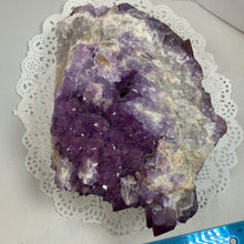 Load image into Gallery viewer, Detail of purple and red amethyst crystals on large Canadian cluster specimen