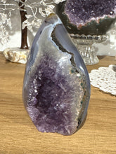 Load image into Gallery viewer, Close-up of Brazilian agate flame showing vibrant purple crystal formations and two-tone color transition