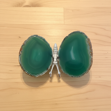 Load image into Gallery viewer, Top view of Brazilian agate butterfly specimen showing the full wingspan and rich turquoise green banding patterns in natural agate