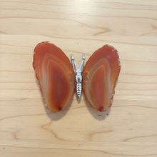 Load image into Gallery viewer, Top view of Brazilian agate butterfly specimen showing the full wingspan with glowing peach coral and sunset orange banding patterns in natural agate