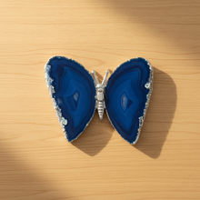 Load image into Gallery viewer, Top view of Brazilian agate butterfly specimen showing the full 9cm wingspan with deep cobalt blue coloring and mesmerizing natural banding patterns