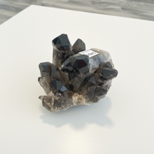 Load image into Gallery viewer, Dark smoky quartz crystal cluster from Brazil on white table, showing multiple sharp terminations and clear quartz points on natural matrix base