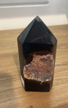Load image into Gallery viewer, Angled view of Brazilian agate tower showing sparkling druzy formation contrasting with rich brown banding