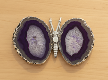 Load image into Gallery viewer, Top view of purple agate butterfly specimen showing the full wingspan with deep purple banding and sparkling crystal centers in natural agate