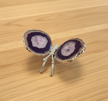 Load image into Gallery viewer, Side view of purple agate butterfly with rich violet layers and glittering druzy crystals, highlighting the silver metal body and polished edges