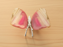 Load image into Gallery viewer, Overhead view of Brazilian agate butterfly specimen showing the full wingspan and natural pink and cream agate banding patterns