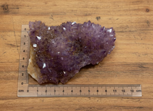 Load image into Gallery viewer, Side view of amethyst display piece A-077 from Diamond Willow Mine showing quartz base and crystal formations