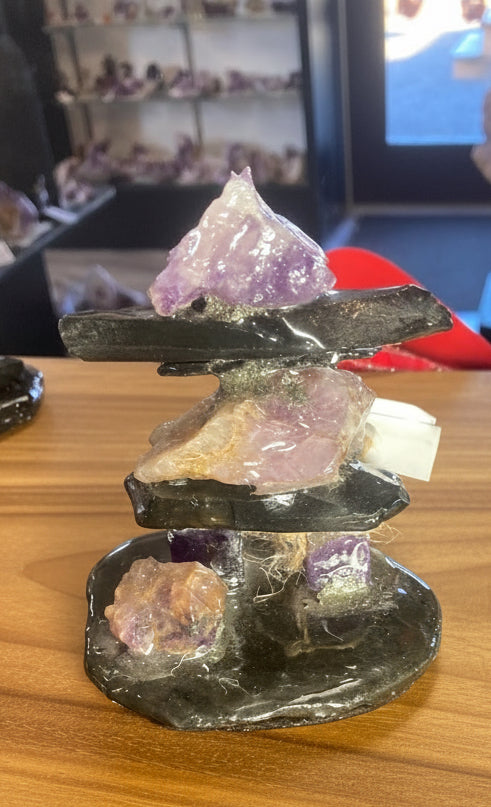 Canadian amethyst Inukshuk 10cm symbol of strength guidance resilience handcrafted Diamond Willow Thunder Bay