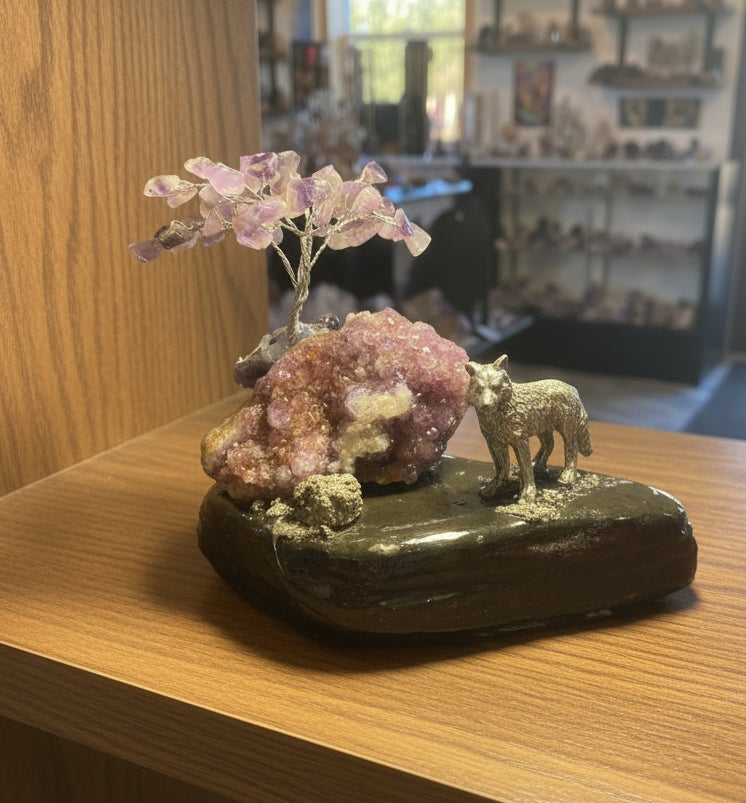 Canadian amethyst tree with wolf on rock base handcrafted purple crystals Diamond Willow Thunder Bay