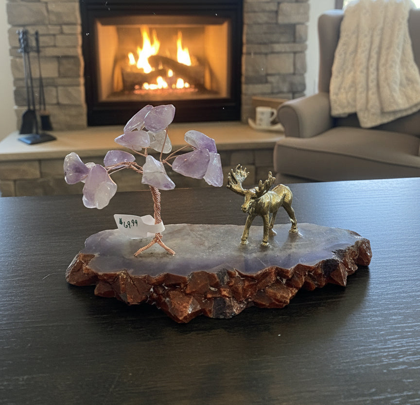 Canadian amethyst tree on slab with moose and hematite crystals 13cm handcrafted Diamond Willow Thunder Bay