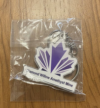 Load image into Gallery viewer, Close-up of Diamond Willow Amethyst Mine branded keychain showing detailed logo design


