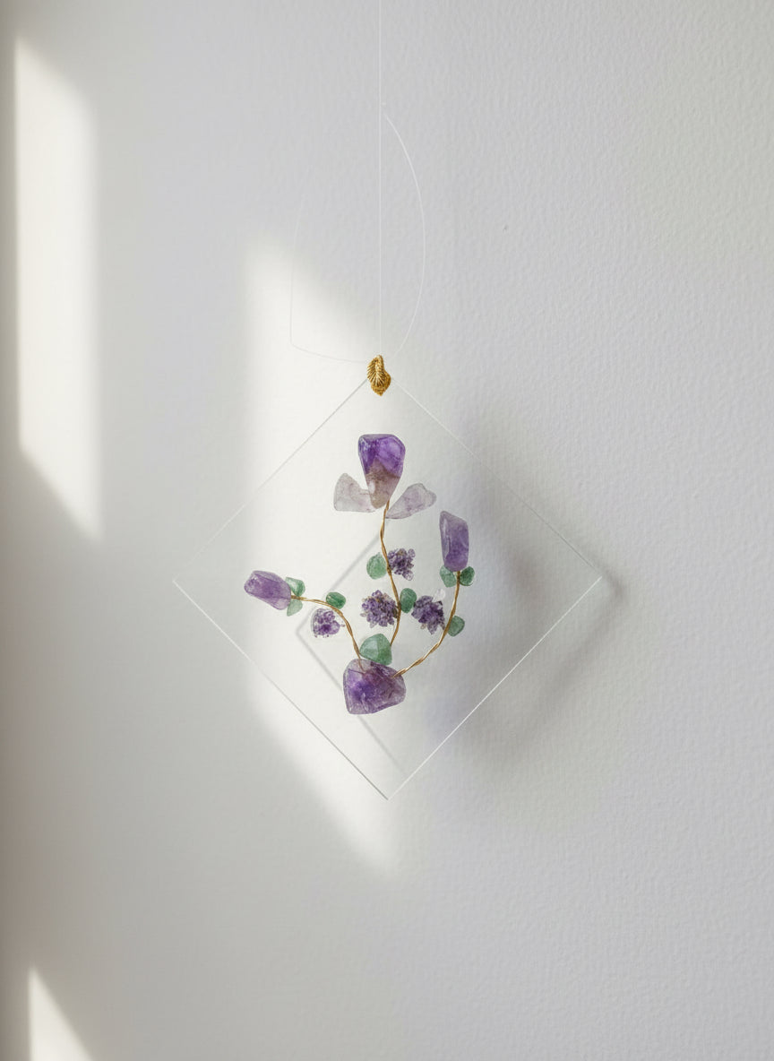 Canadian amethyst suncatcher 10cm locally sourced colorful light reflections Diamond Willow Thunder Bay