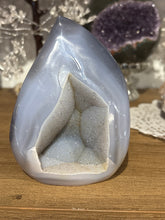 Load image into Gallery viewer, Brazilian agate flame polished specimen with crystal druzy and dramatic two-tone grey banding 11cm height
