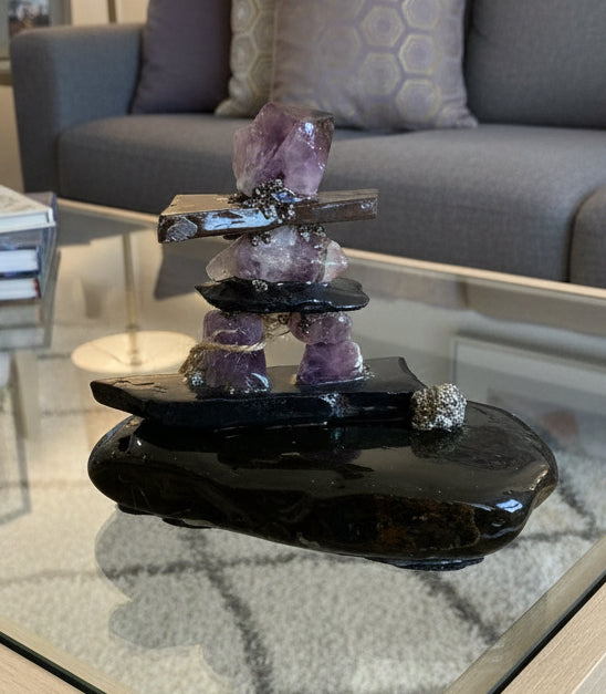 Canadian Inukshuk stone sculpture with pyrite accent 10cm handcrafted Thunder Bay Ontario