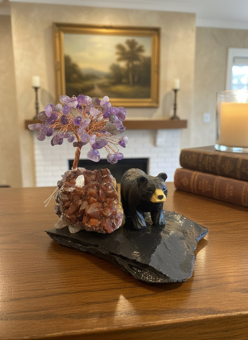 Canadian amethyst tree with bear on rock base handcrafted Thunder Bay landscape Diamond Willow Ontario