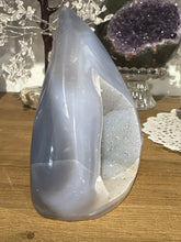 Load image into Gallery viewer, Brazilian agate flame polished specimen with crystal druzy and dramatic two-tone grey banding 11cm height
