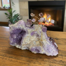 Load image into Gallery viewer, Close up of Canadian amethyst tree with jade bear carving on natural amethyst base Thunder Bay Ontario


