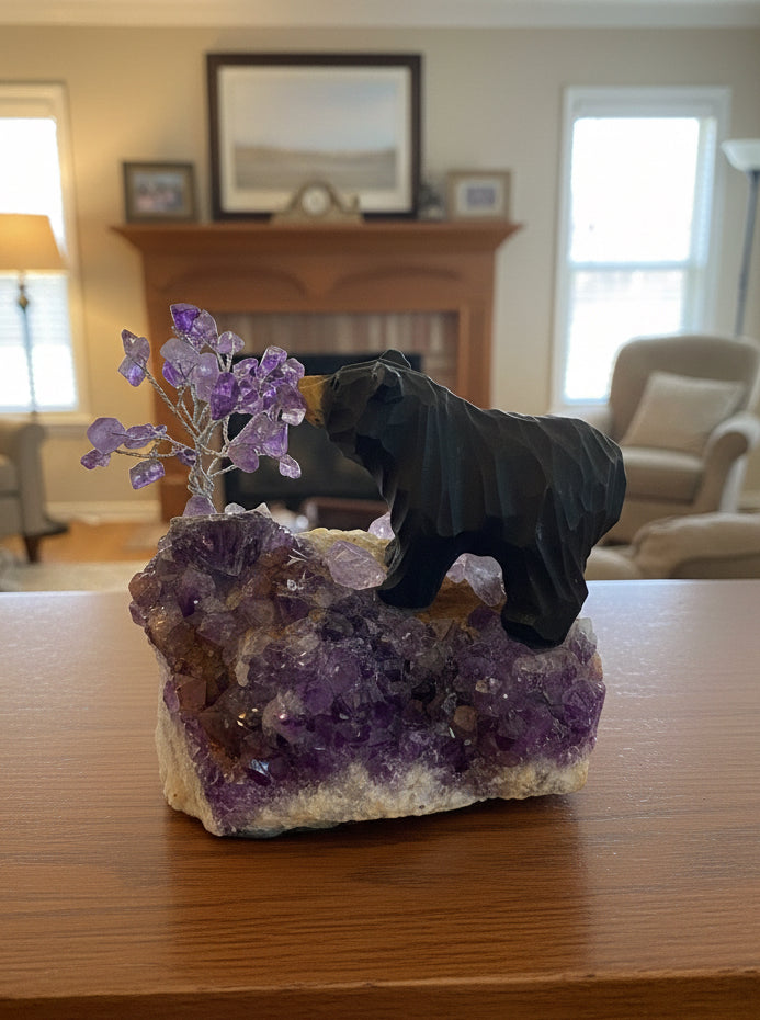 Canadian amethyst tree with bear on amethyst base 10cm handcrafted Diamond Willow Mine Thunder Bay Ontario