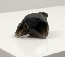 Load image into Gallery viewer, Brazilian smokey quartz scepter formation front view displaying dramatic color contrast from black crown to translucent base on white surface
