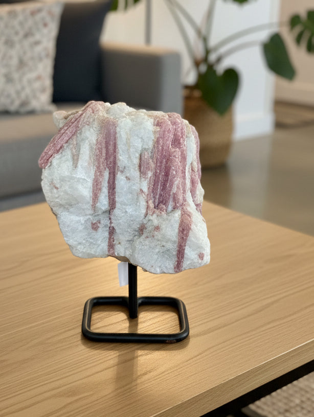 Pink bubblegum tourmaline on stand from Brazil 15cm vibrant gemstone for crystal collectors