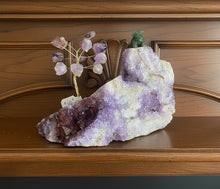 Load image into Gallery viewer,  Canadian amethyst tree on purple and red amethyst base with carved jade bear from Diamond Willow Mine Thunder Bay
