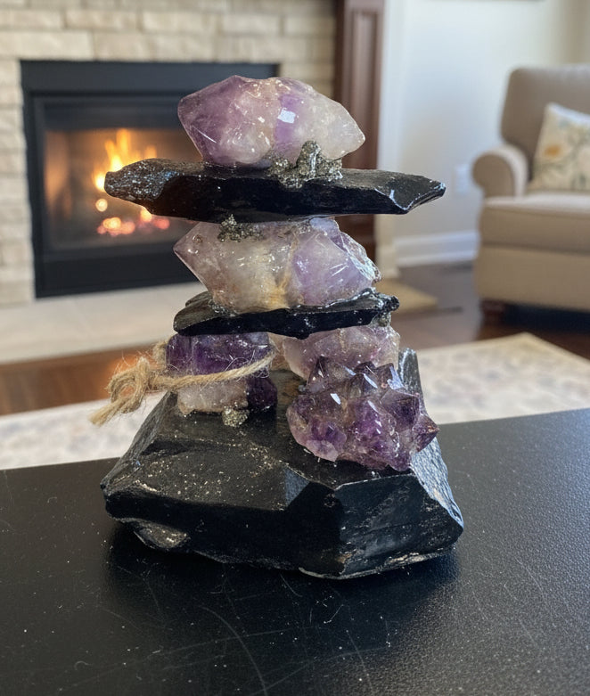 Canadian Inukshuk 8.5cm on amethyst cluster base handcrafted Diamond Willow Mine Thunder Bay Ontario