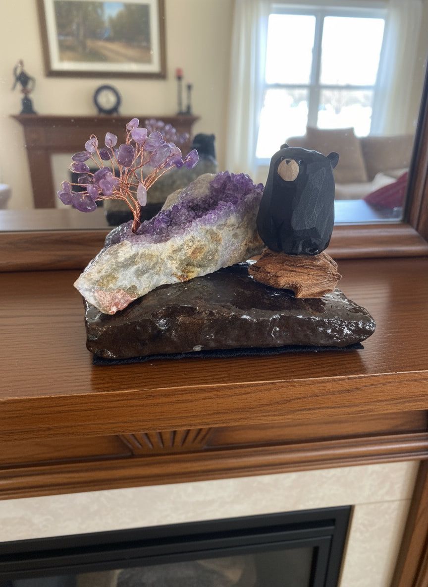 Canadian amethyst tree with bear on amethyst and rock base 15cm handcrafted Diamond Willow Thunder Bay Ontario



