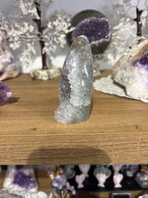 Load image into Gallery viewer, Brazilian Agate Flame – Polished Specimen with Dark Grey Crystal Druzy
