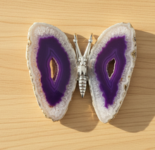 Load image into Gallery viewer, Top view of Brazilian agate geode butterfly specimen showing the full 8cm wingspan with vibrant purple geode centers and sparkling crystalline edges
