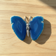 Load image into Gallery viewer, Top view of Brazilian agate butterfly specimen showing the full wingspan and vibrant blue banding patterns in natural agate
