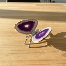 Load image into Gallery viewer, Side view of Brazilian agate geode butterfly with rich purple coloring and luminous white crystal formations highlighting the natural geode structure
