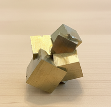 Load image into Gallery viewer, Spanish intergrown pyrite cube cluster with five golden metallic crystals, 62 grams, 2×3cm natural mineral specimen
